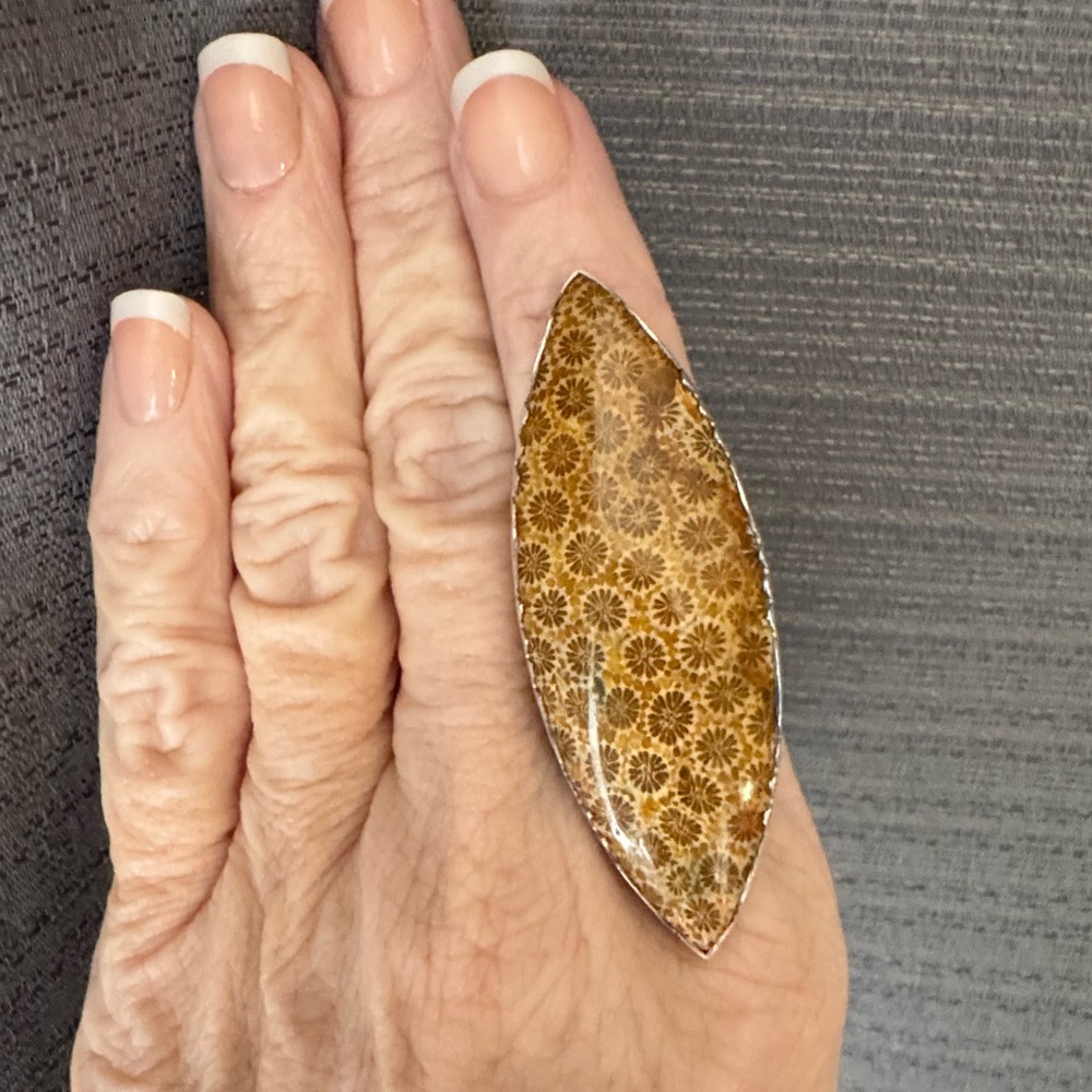 Fossilized coral and sterling ring